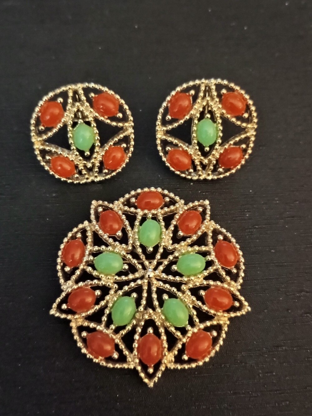 Vintage Sara Coventry Floral Brooch and Earring Set with Green and Red Stones